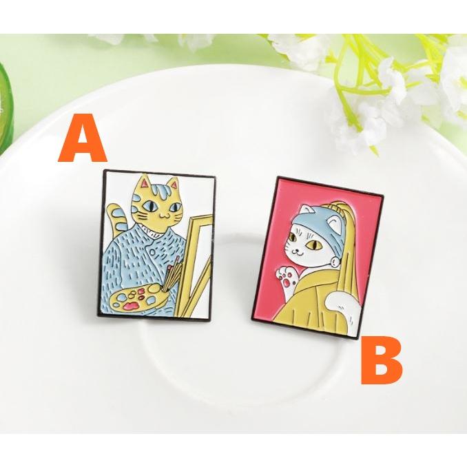 おもしろ猫のピンバッジ ゴッホにゃん フェルメールにゃん 油絵チック