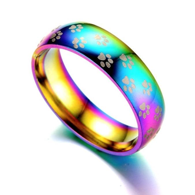 虹色に光る可愛い肉球ファッションリング 指輪 猫 犬 肌に優しいステンレス製｜doubutsudaisuki｜02