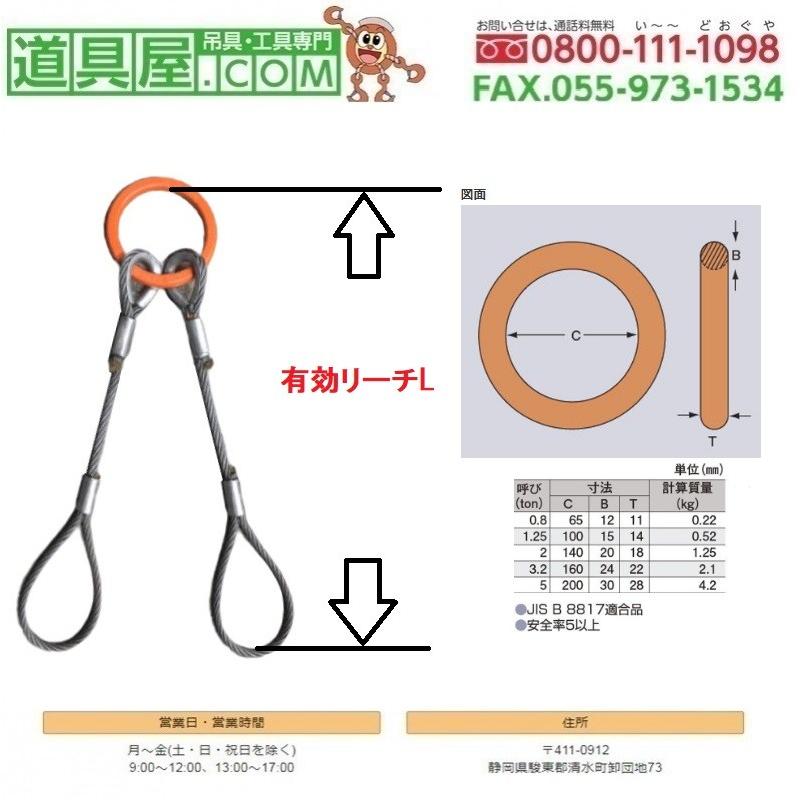 2本吊　片側リング付きワイヤスリング基本使用荷重2T用　有効リーチ4.0m