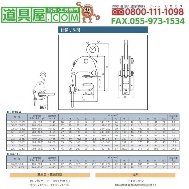 イーグル　横つり用クランプ　使用荷重0.50T　有効板厚3~20mm　ローレット仕様