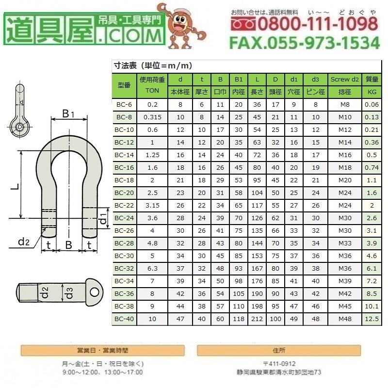 日本JIS規格BC　ステンレス製シャックル　M級　使用荷重3.6T