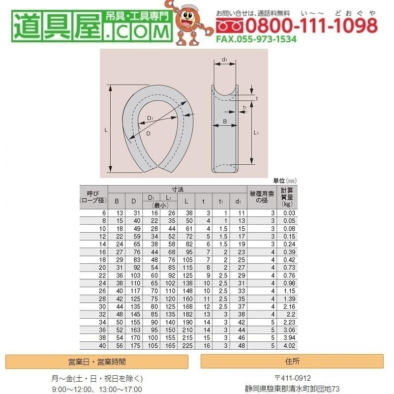 B形シンブル　ドブメッキ　適用ロープ径18mm　20個入