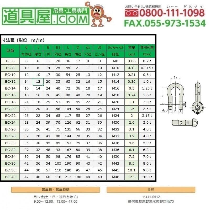 日本JIS規格BCシャックル 電気メッキ M級 使用荷重1T 10個入り