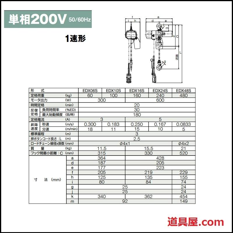キトー セレクト 電気チェーンブロック 1速 単相200V 100KG(S)X3M