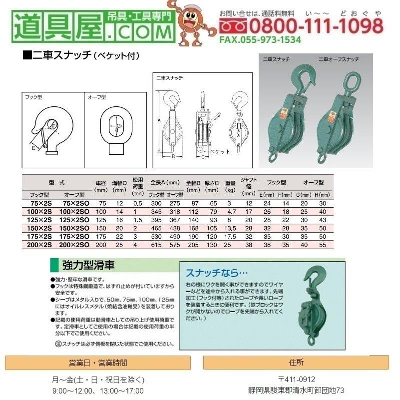 スリーエッチ　強力型滑車　二車スナッチ　フック型　使用荷重2.0ton