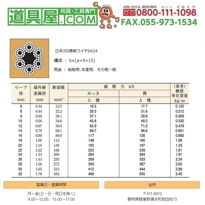 代引き手数料無料 道具屋.com日本JIS規格ワイヤロープ6×37G O めっき G
