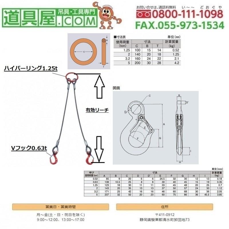 2本吊 ワイヤスリング 径12mm 基本使用荷重1.2T用 有効リーチ3.0m 固定