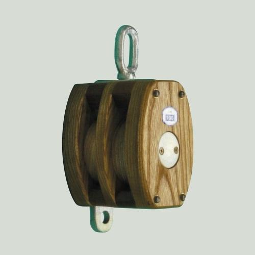 日本産 内部鉄バンド付木製滑車 二車 木製シーブ オーフ頭 適用ロープ