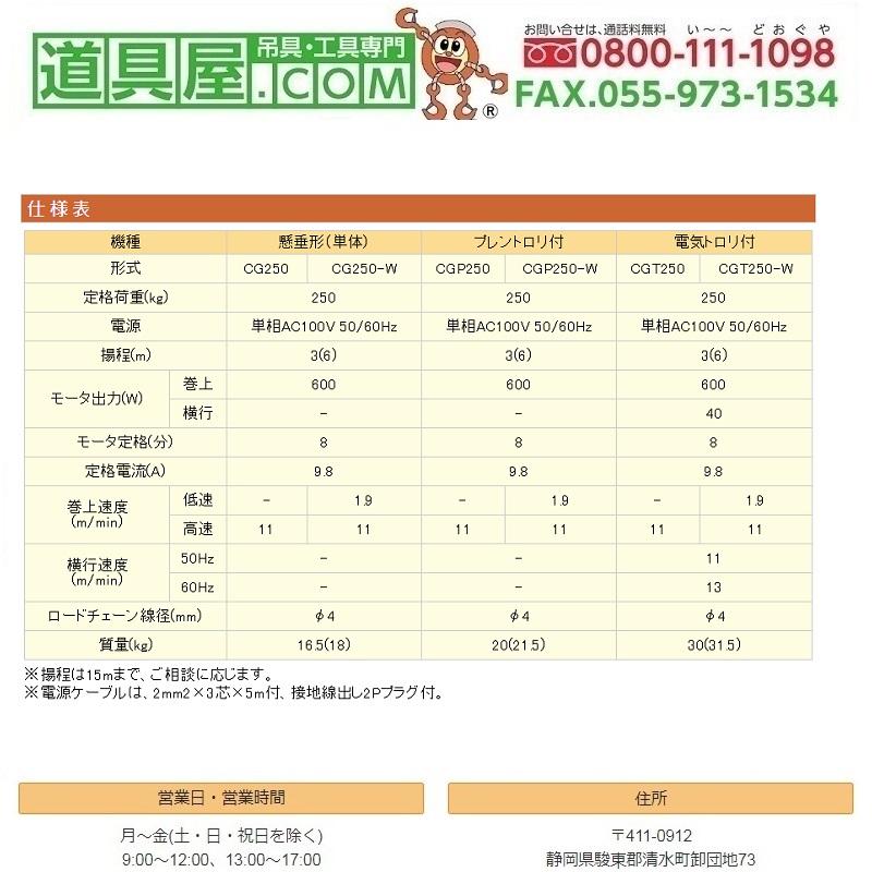 二葉　グリーンミニ　2速選択形　電気トロリ付電気チェンブロック　定格荷重250KG　揚程3ｍ