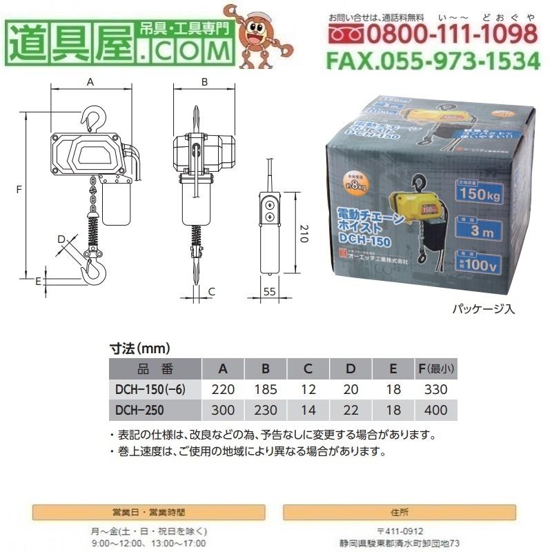 オーエッチ工業 電動チェーンホイスト 定格荷重150KG 揚程6m : 道具屋
