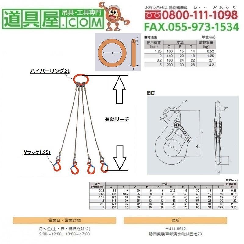 4本吊　ワイヤスリング　ワイヤ径10.0mm　基本使用荷重2T用　有効リーチ2.0m