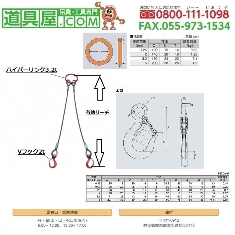 2本吊 ワイヤスリング 径16mm 基本使用荷重3.2T用 有効リーチ2.0m 固定