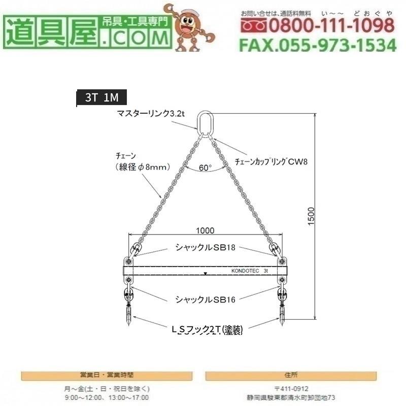 KT吊てんびん 使用荷重3T 本体長さ1M チェーンスリング付き : 道具屋