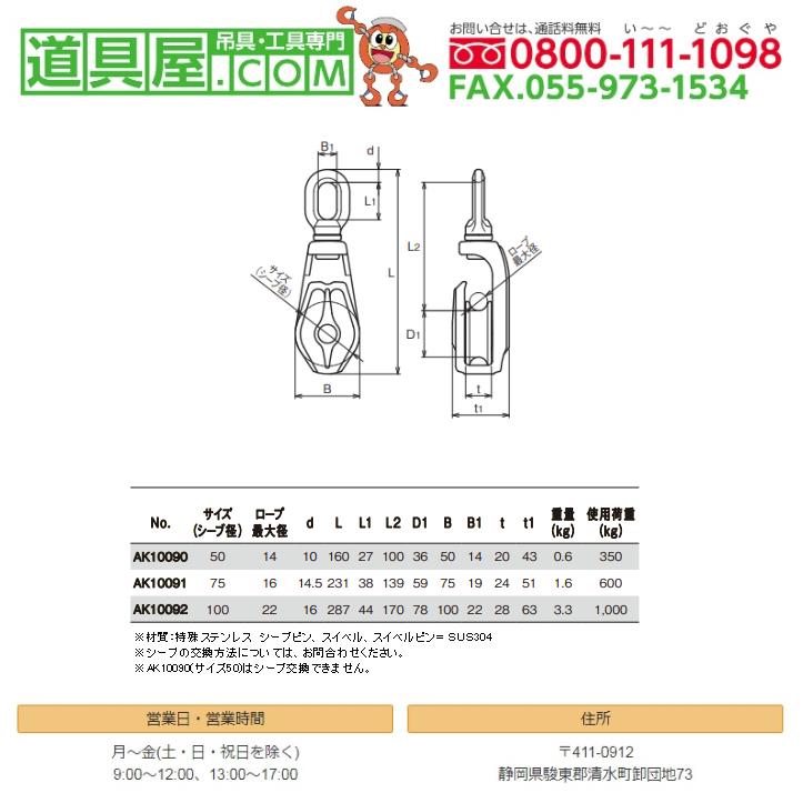 ステンレス滑車 AKワニブロックP-3型 使用荷重1T : 道具屋.com - 通販