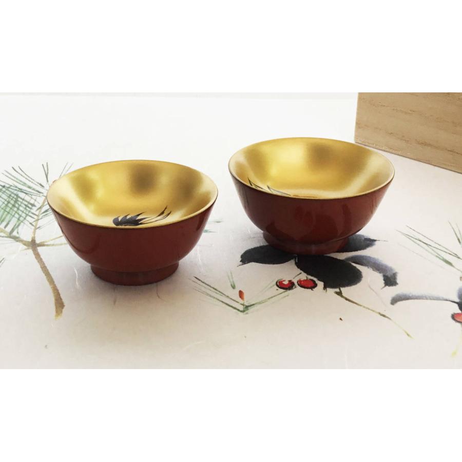 盃 鶴亀絵入り 夫婦 ペア杯 木製 漆塗り 漆器 木箱入 酒器 お正月