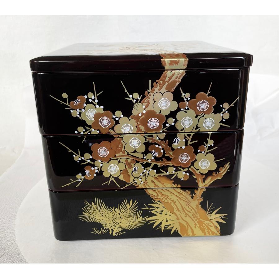 重箱 おせち 三段重 木製扇面花丸松竹梅蒔絵 溜内朱 6.5寸 20cm 漆器 重箱 おせち 三段重 扇面花丸松竹梅蒔絵 溜内朱 6.5寸 20cm 漆器 弁当