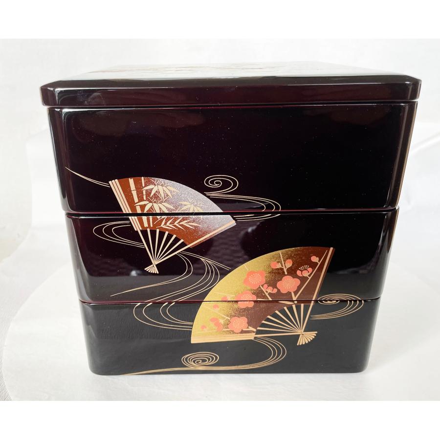 重箱 おせち 三段重 扇面花丸松竹梅蒔絵 溜内朱 6.5寸 20cm 漆器 弁当