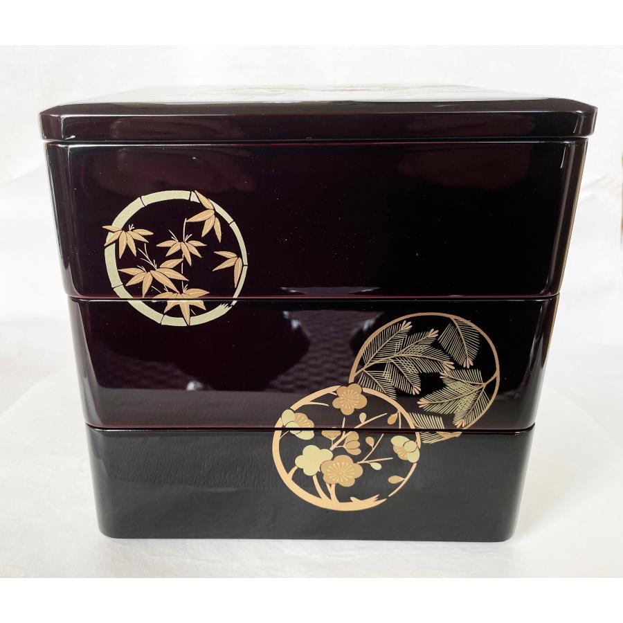 重箱 おせち 三段重 扇面花丸松竹梅蒔絵 溜内朱 6.5寸 20cm 漆器 弁当