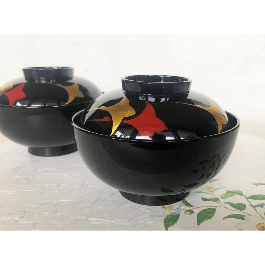 煮物椀 三羽鶴見返し松葉蒔絵 丸型 黒塗 漆塗 5客 在庫整理 雑煮椀 おせち 茶道具 茶事 懐石_1