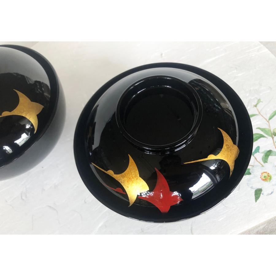 煮物椀 三羽鶴見返し松葉蒔絵 丸型 黒塗 漆塗 5客 在庫整理 雑煮椀 おせち 茶道具 茶事 懐石_2