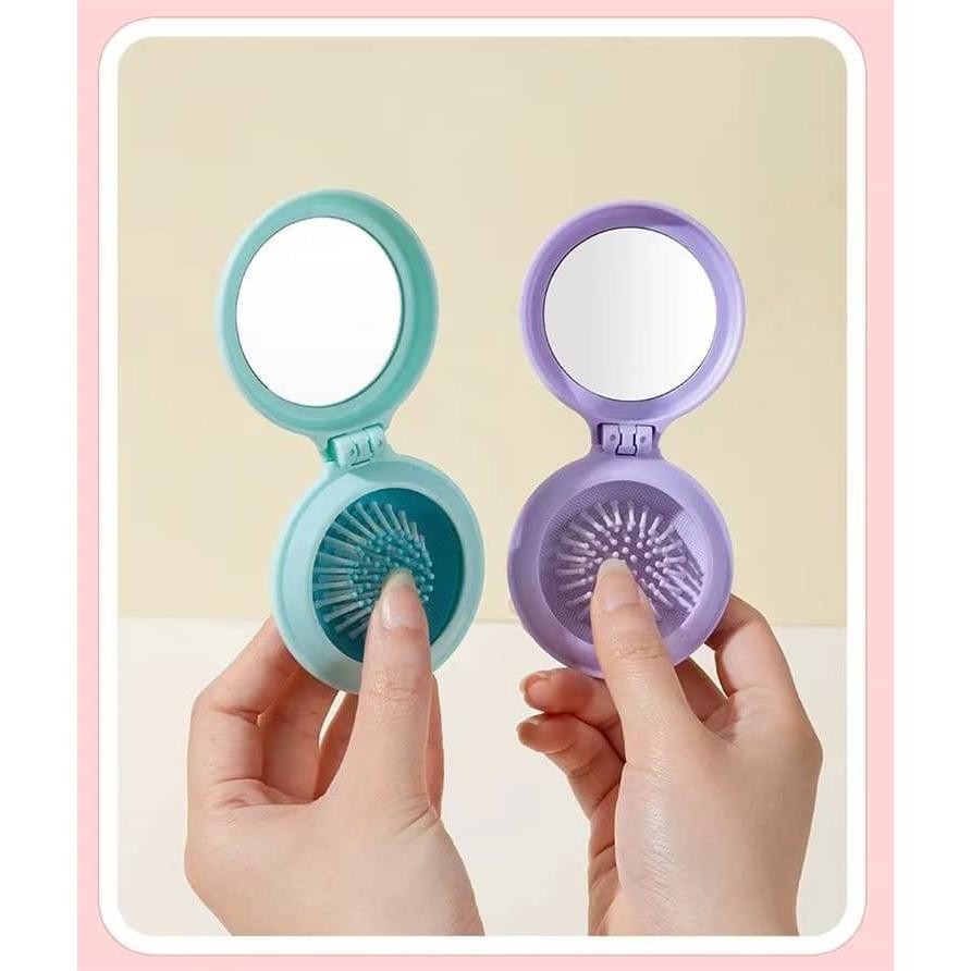 ブルー ヘアブラシ コンパクトミラー 10個セット 折りたたみ 携帯