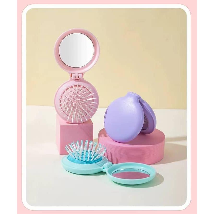 ブルー ヘアブラシ コンパクトミラー 10個セット 折りたたみ 携帯