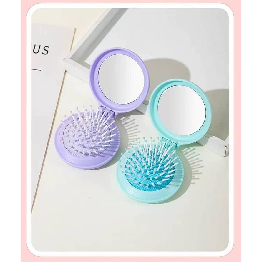 ブルー ヘアブラシ コンパクトミラー 10個セット 折りたたみ 携帯