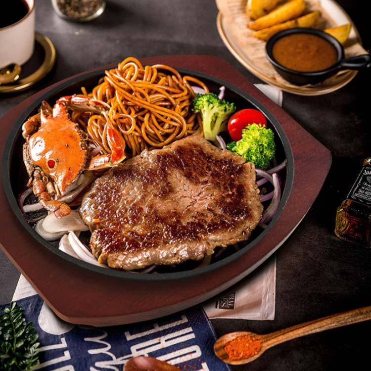 鉄製ステーキ皿　木製プレート　21センチ　10組セット 木皿＋鍋 ステーキ皿 鉄板 IH対応 大判 21cm 23cm 25cm 業務用