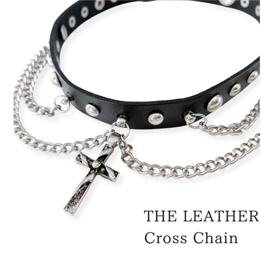 チョーカー 赤 レッド レザー 太め 本革 十字架 クロス チェーン付き