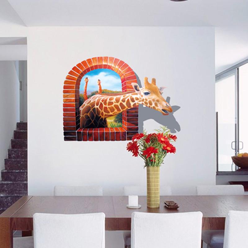 3D ウォールステッカー レンガ窓から キリン ! 騙し絵 トリックアート