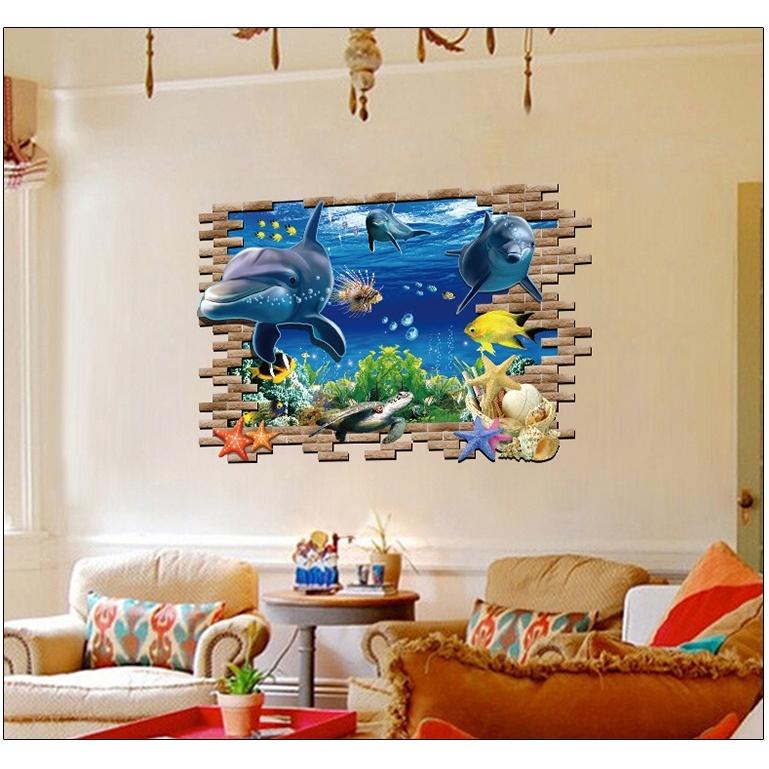 癒しの3D ウォールステッカー レンガ窓×イルカ 騙し絵 トリック