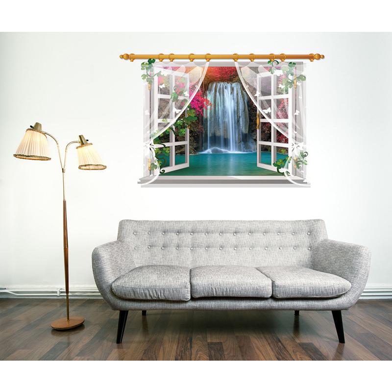 癒しの3D窓 ウォールステッカー カーテン×滝 騙し絵 トリックアート