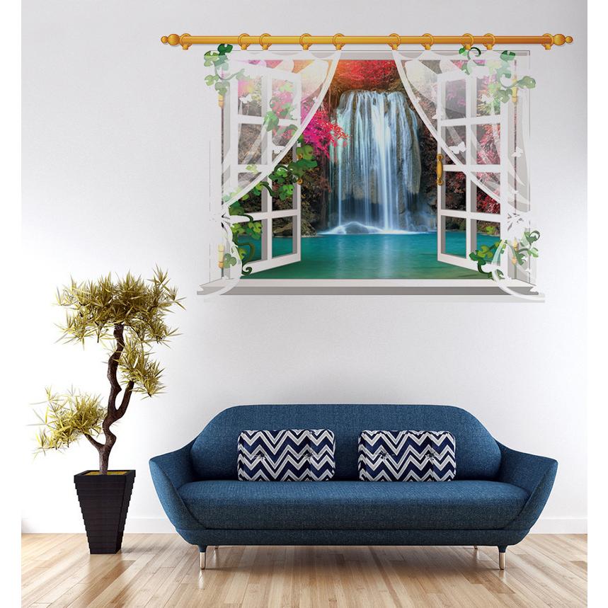 癒しの3D窓 ウォールステッカー カーテン×滝 騙し絵 トリックアート