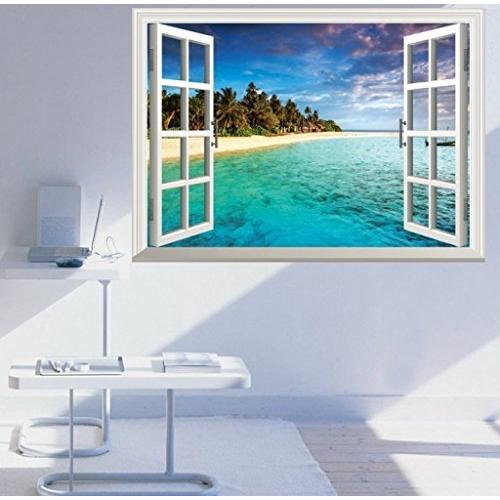 ウォールステッカー 窓 風景 シール 浜辺 海 ビーチ お風呂 インテリアシール 子供部屋 床 3d