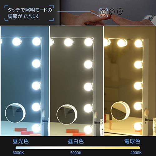 FENCHILIN 化粧鏡 女優ミラー ハリウッドミラー 壁掛け/卓上両用 USBポート付き 三色照明モード 無段階調光 15個LED電球付き 10倍拡大鏡付き 58x46cm 