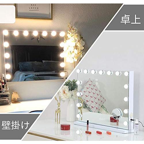 FENCHILIN 化粧鏡 女優ミラー ハリウッドミラー 壁掛け/卓上両用 USBポート付き 三色照明モード 無段階調光 15個LED電球付き 10倍拡大鏡付き 58x46cm 