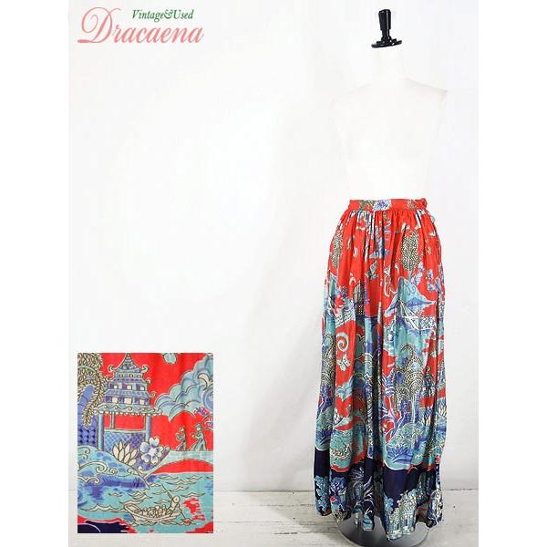 最新エルメス 竜宮城イラスト柄 50 60年代 レディースヴィンテージ古着 人気 ヴィンテージ ビンテージ アメカジ 人気古着 古着 ポリエステル素材 ロング丈 朱色ベース ギャザーロングスカート ボトムス パンツ