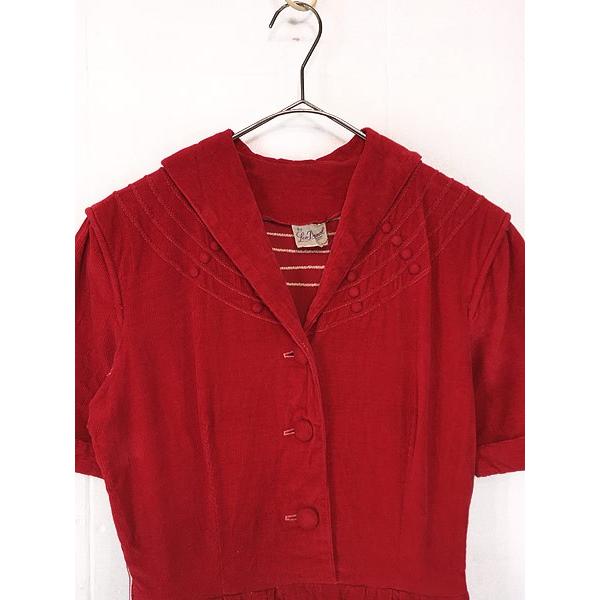 消費税無し レディース 古着 L位 赤 ワンピース コットン ロング丈 半袖 襟 セーラー 太畝 コーデュロイ 片爪 レトロ Dand Leo 70s 古着 ワンピース Www 11thspace Com