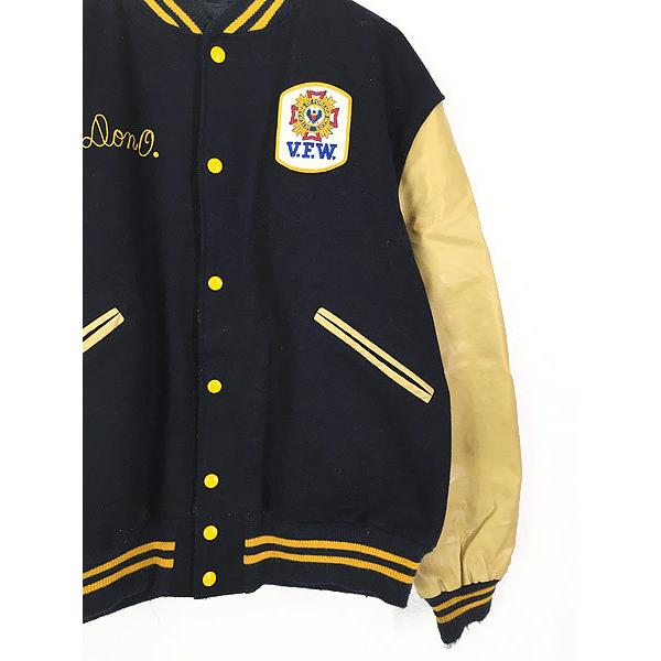 古着 70s V.F.W. 豪華 3段 チェーンステッチ フェイクレザー × ウール