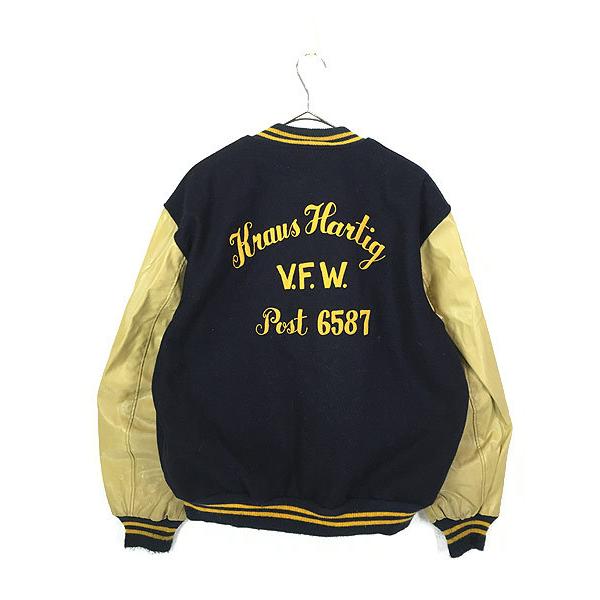 古着 70s V.F.W. 豪華 3段 チェーンステッチ フェイクレザー × ウール