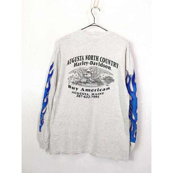 古着 90s USA製 HARLEY DAVIDSON ハーレー ブルー ファイヤー 長袖 T