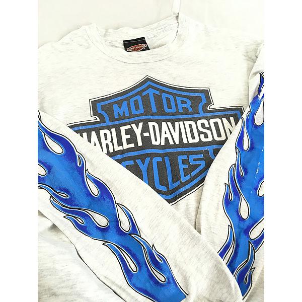 古着 90s USA製 HARLEY DAVIDSON ハーレー ブルー ファイヤー 長袖 T