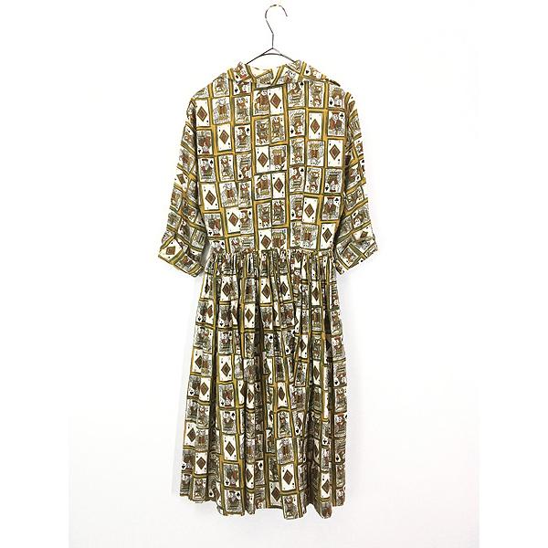 レディース 古着 60s トランプ カード イラスト 総柄 開襟 ワンピース  