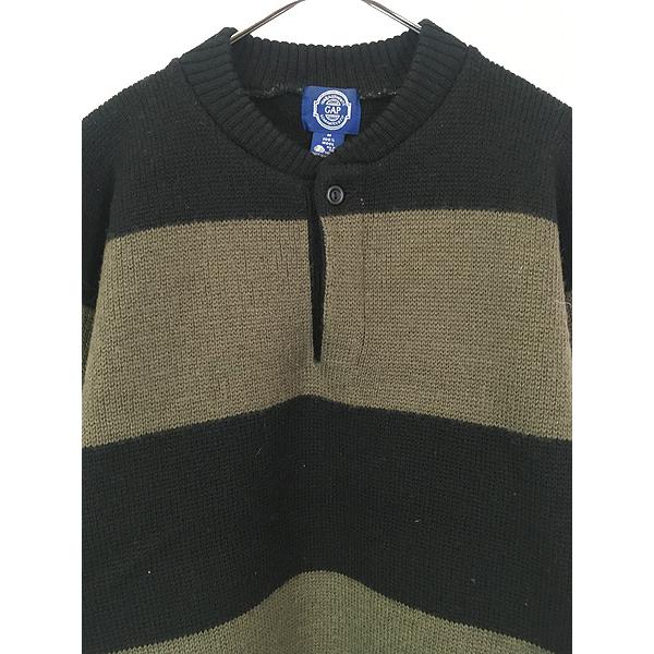 (古着)90s イギリス製ヘンリーネックボーダーニット 柄セーター 古着 90s J Crew ネイティブ フェアアイル ボーダー ウール