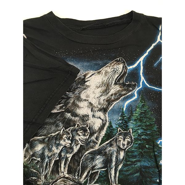 古着 90s USA THUNDER 豪華 ウルフ ブルー サンダー Tシャツ L位