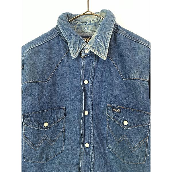 古着 80s USA製 Wrangler 70127MW ブルー デニム ウエスタン シャツ 16