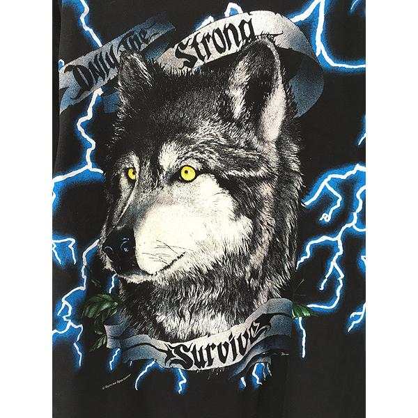 古着 90s AMERICAN THUNDER 豪華 ウルフ ブルー サンダー Tシャツ L