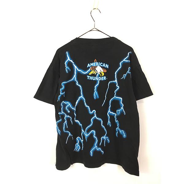 古着 90s AMERICAN THUNDER 豪華 ウルフ ブルー サンダー Tシャツ L
