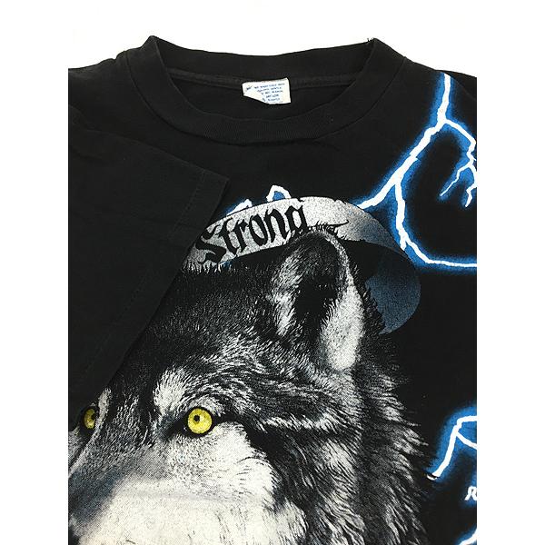 古着 90s AMERICAN THUNDER 豪華 ウルフ ブルー サンダー Tシャツ L
