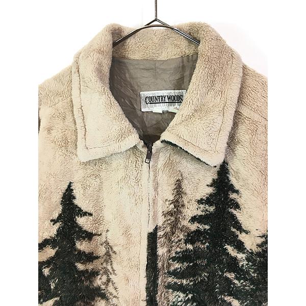 古着 90s COUNTRY WOODS オオカミ ウルフ 総柄 襟付き フリース